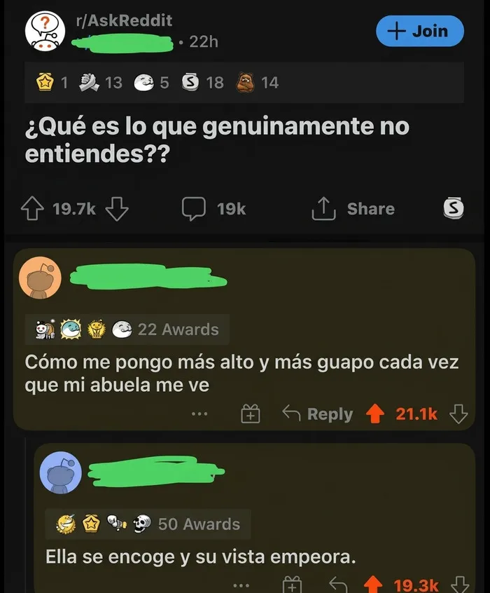 Publicación de AskReddit con una respuesta sarcástica sobre la abuela, parte de insultos salvajes.