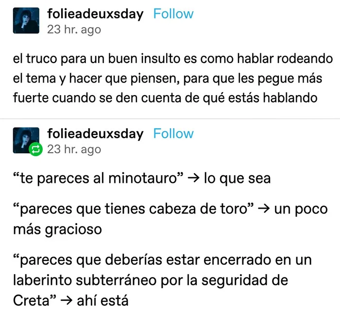 Texto de Tumblr explicando cómo estructurar insultos salvajes con gracia