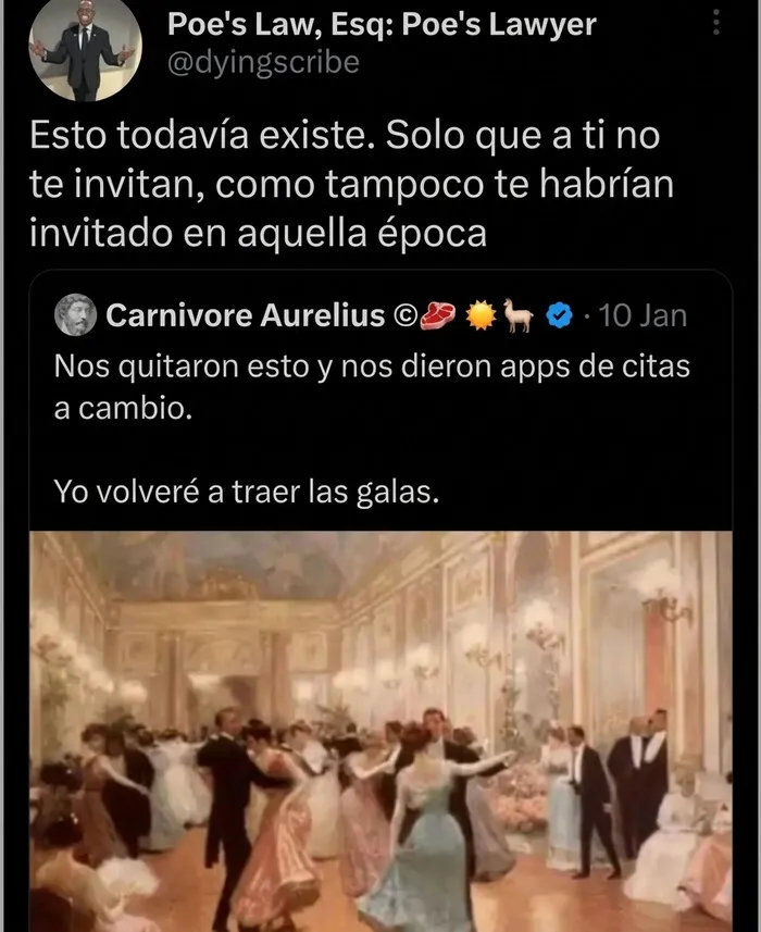 Meme sobre bailes de época y apps de citas con insultos salvajes publicados en línea.