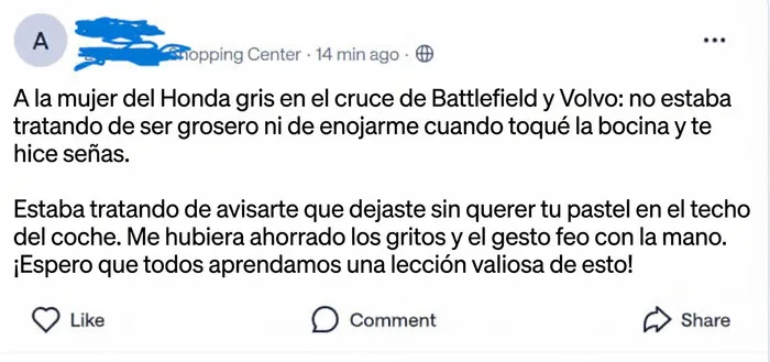 Anécdota graciosa de vecinos sobre un pastel en el techo de un coche