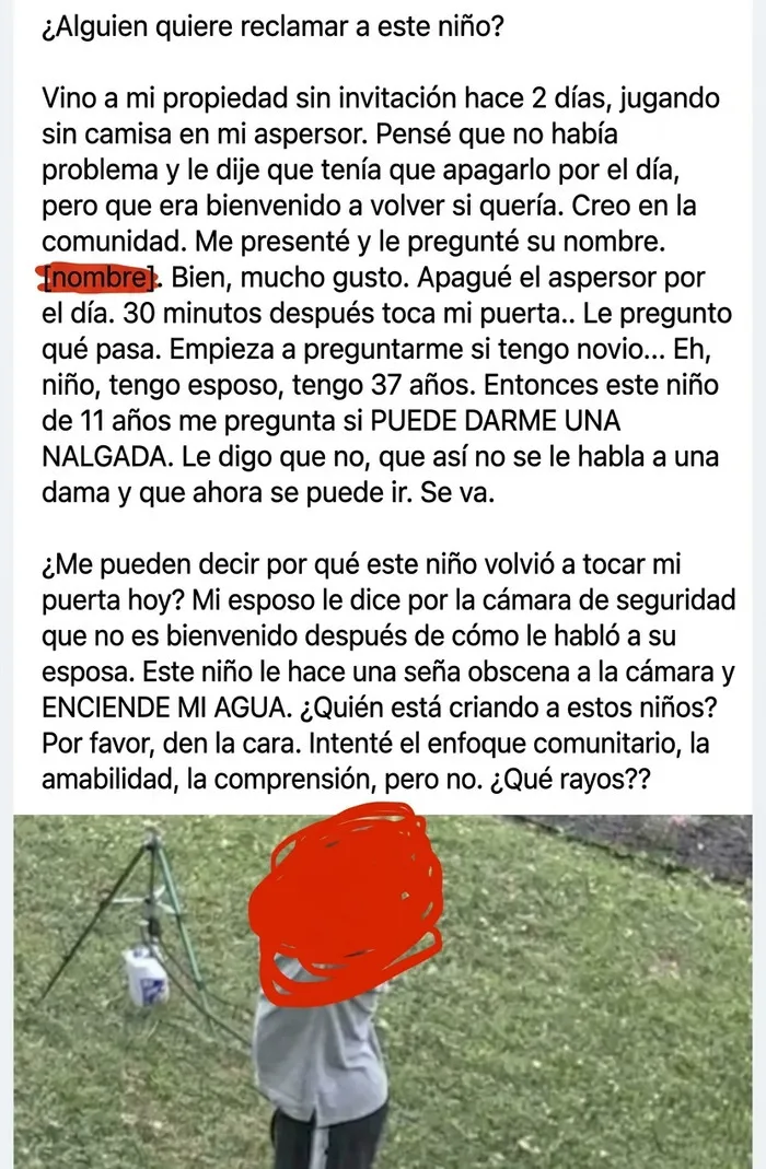 Publicación de una mujer quejándose de niños y vecinos en la comunidad