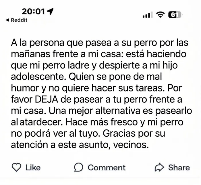 Publicación en redes sociales donde vecinos se quejan por el paseo de perros por la mañana.