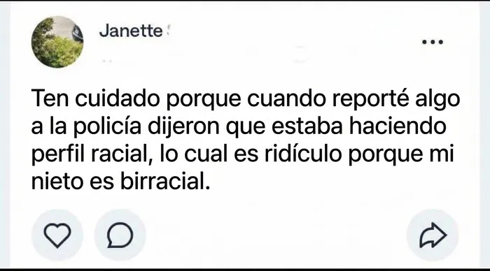 Publicación absurda sobre vecinos del vecindario mencionando un reporte policial y perfil racial.