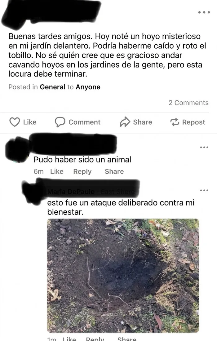 Publicación en redes de vecinos sobre un hoyo misterioso cavado en el jardín de un vecindario.