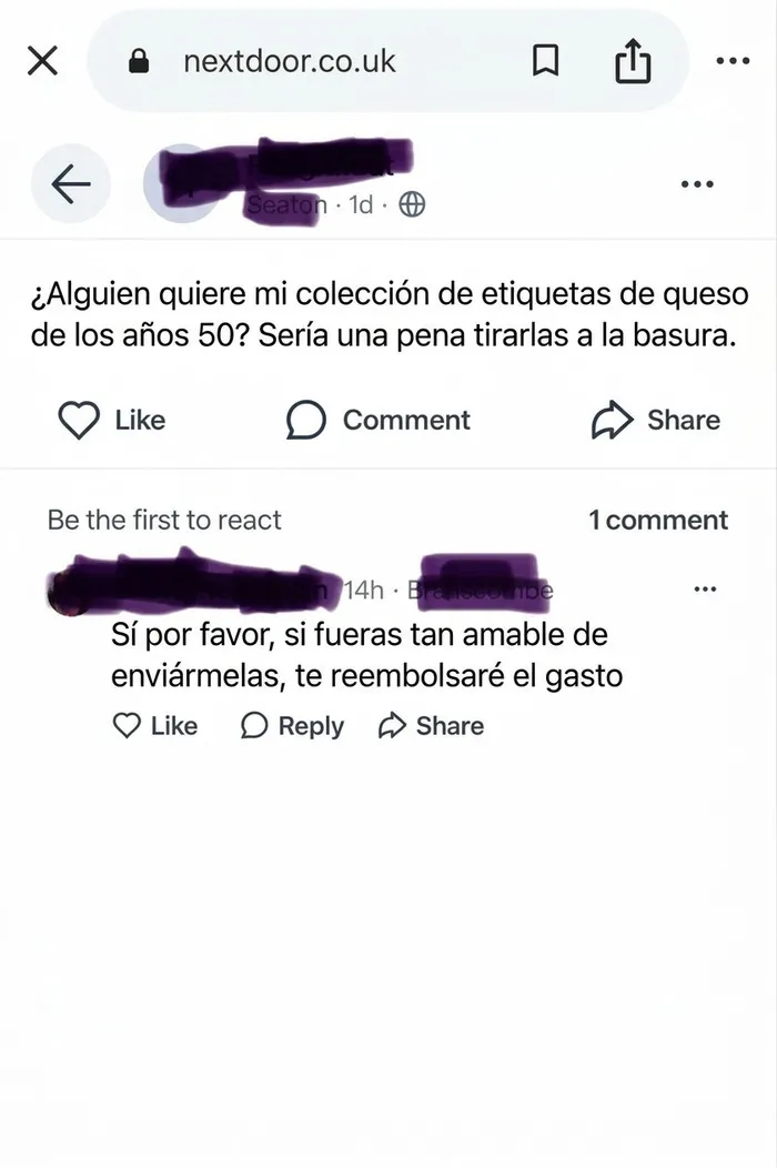 Publicación de vecinos regalar etiquetas de queso vintage en un vecindario interesante