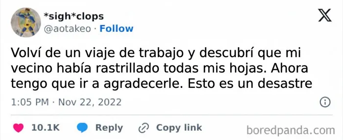Vecino que rastrilló hojas de otro en anécdotas divertidas con vecinos