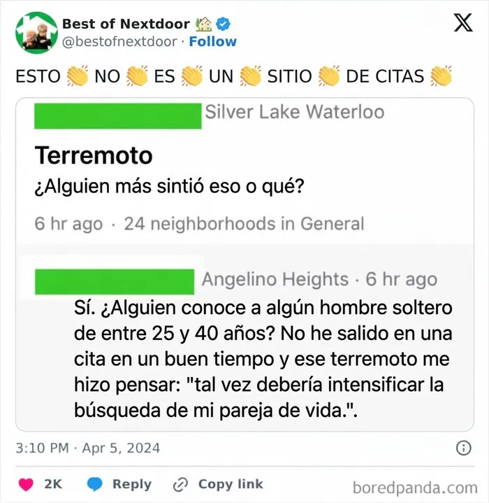 Publicación vecinal sobre terremoto y búsqueda de pareja en redes
