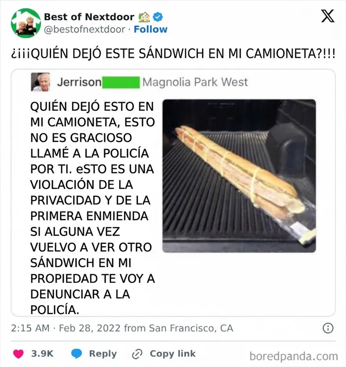 Vecino indignado por sándwich dejado en camioneta en anécdotas de vecinos