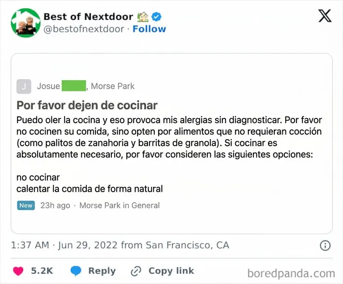 Vecino pide dejar de cocinar por alergias en divertidas anécdotas de vecinos