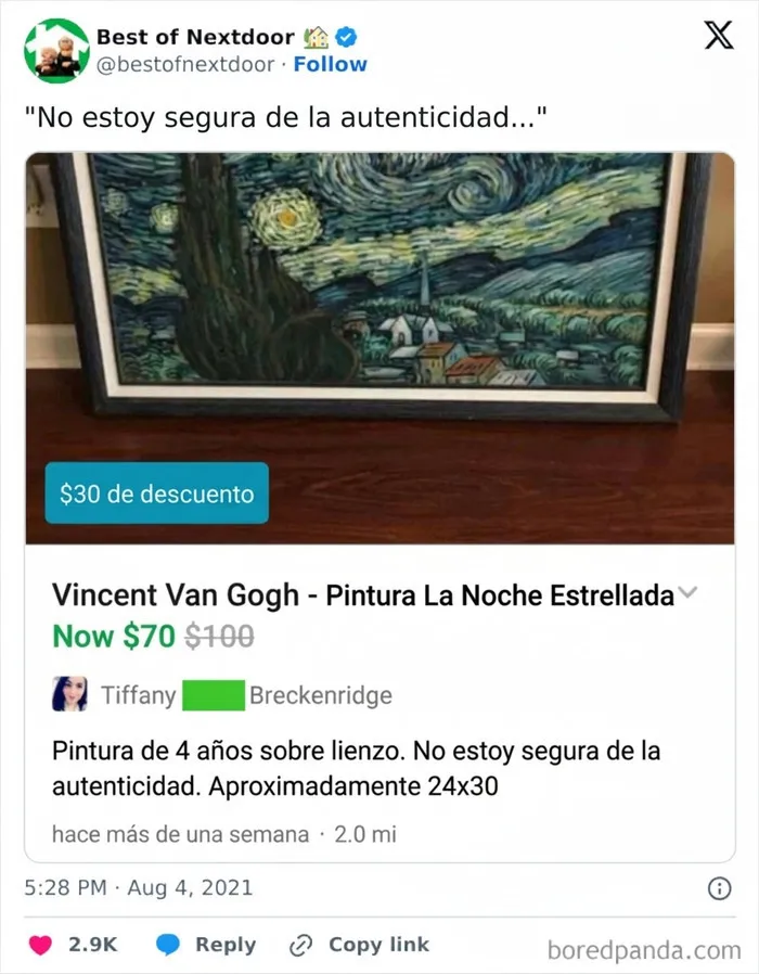 Listado de pintura La Noche Estrellada con duda de autenticidad en anécdotas de vecinos