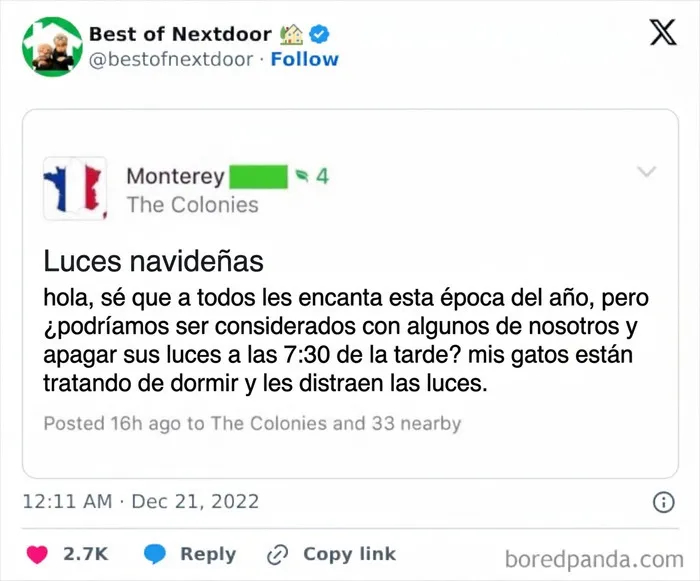 Queja vecinal sobre luces navideñas que molestan gatos intentando dormir en época festiva