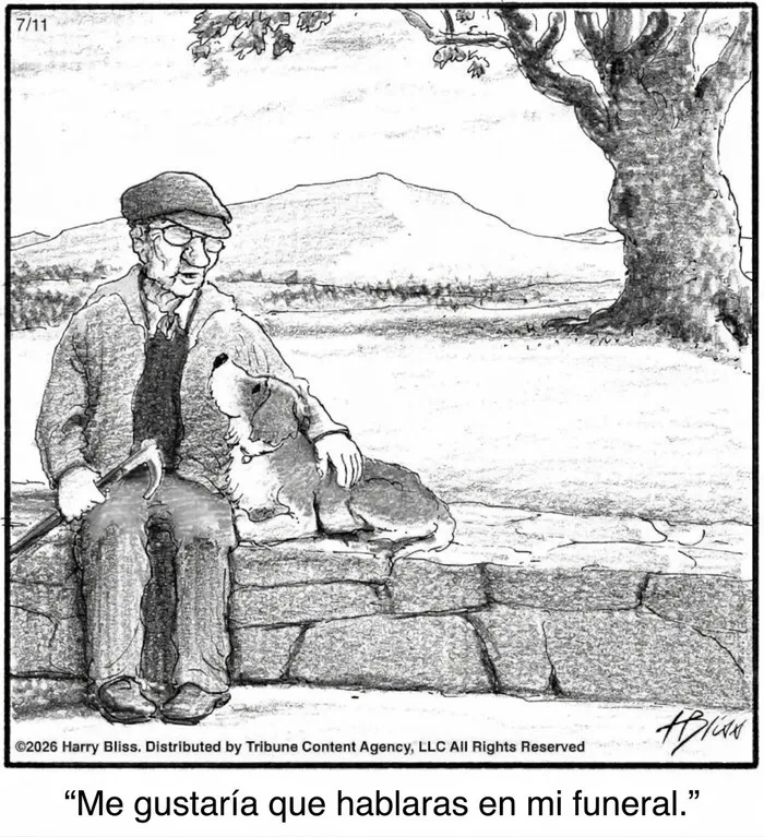 Viñeta cómica con un anciano y su perro en un momento emotivo
