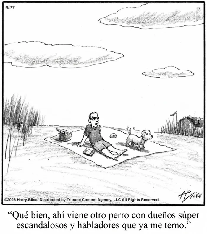 Viñeta con hombre y perro en picnic junto a río con diálogo humorístico.