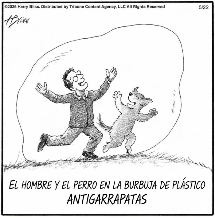 Viñeta de perro y hombre dentro de burbuja de plástico antigarrapatas.