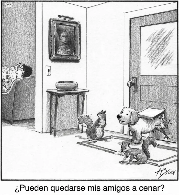 Viñeta de perro con ardillas en sala junto a persona leyendo