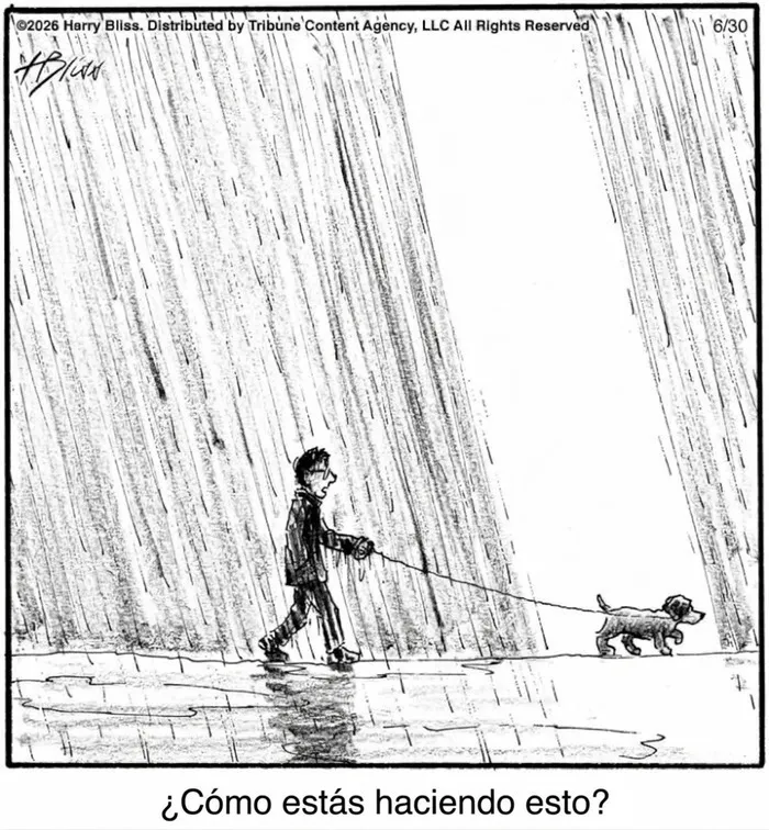 Caricatura de hombre paseando perro pequeño bajo lluvia intensa