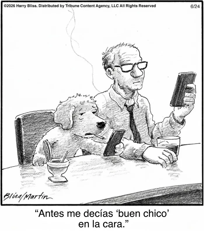 Dibujo humorístico de perro con cigarrillo y hombre mirando celular en bar