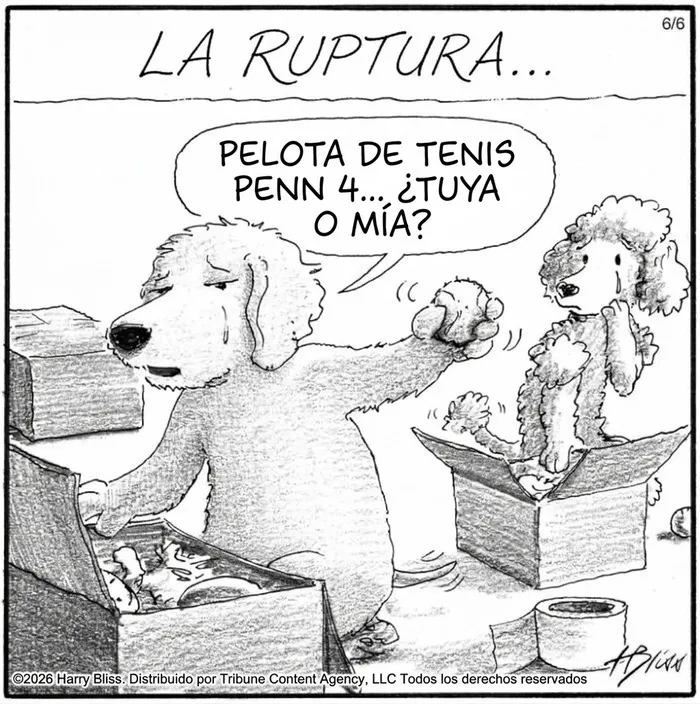Viñeta humorística de perros y pelota de tenis por Harry Bliss