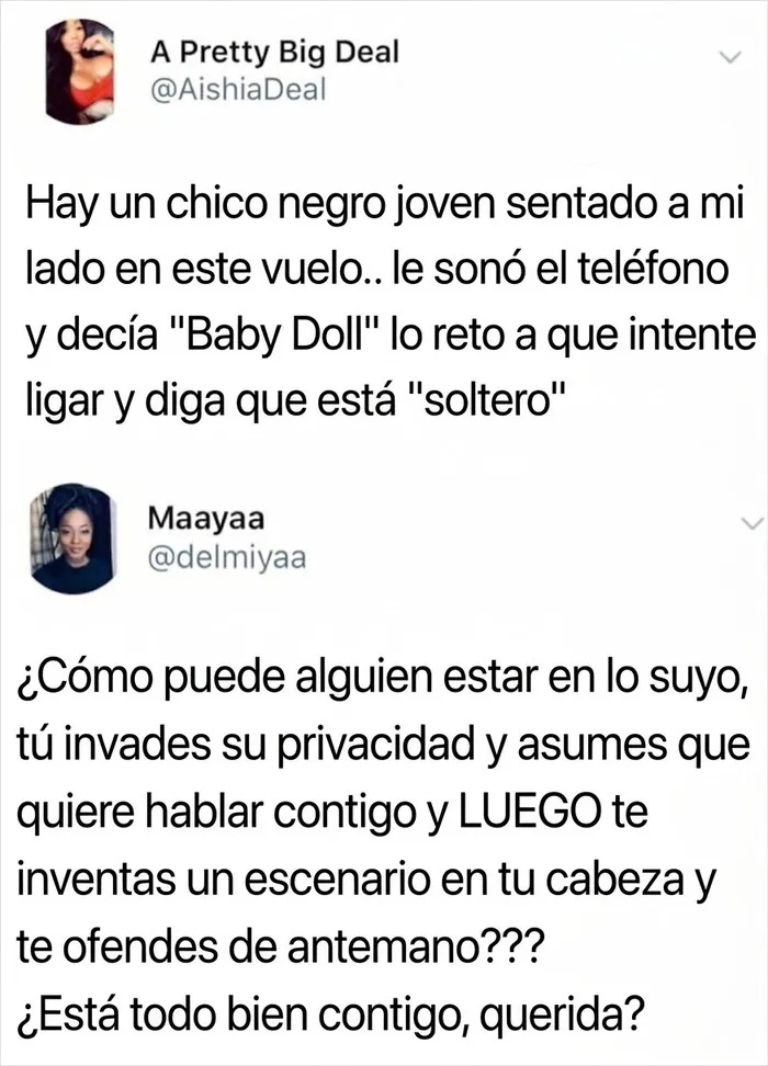 Captura de pantalla de un tuit que critica las actitudes de personas que actúan como egocéntricos en un avión.