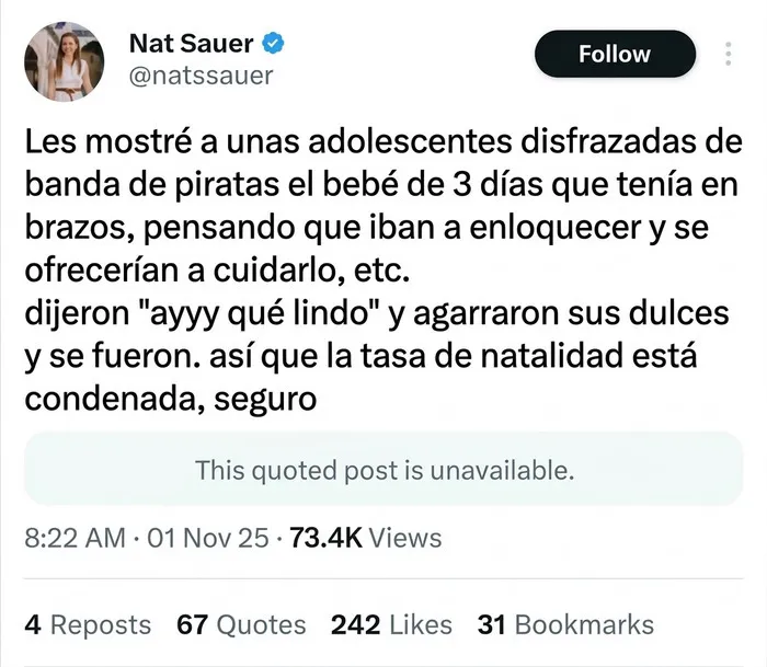 Publicación en redes sociales de una madre con pensamientos egocéntricos sobre su bebé.