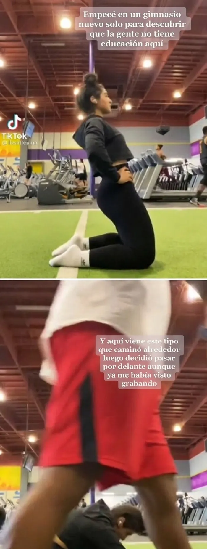 Mujer quejándose en un gimnasio de forma egocéntrica porque alguien pasa frente a su cámara.