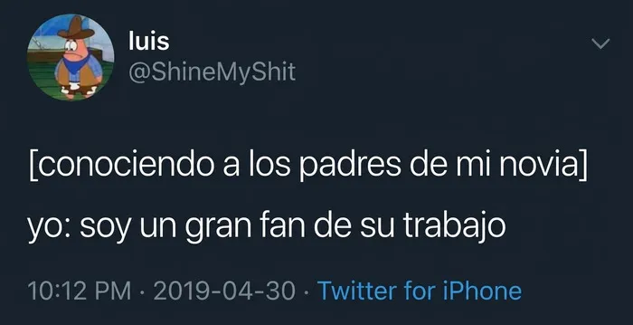 Tweet humorístico sobre conocer a los suegros, parte de la recopilación de memes divertidos