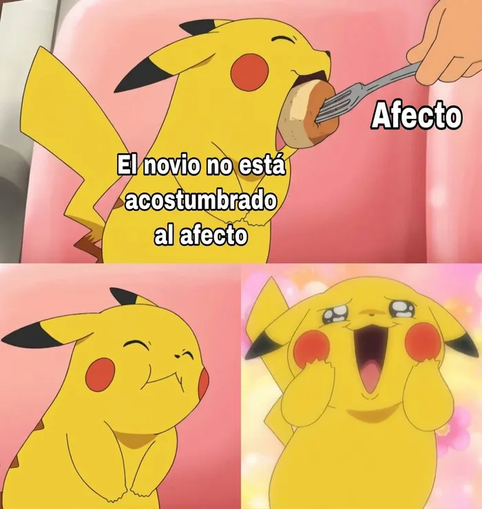Meme divertido de Pikachu feliz recibiendo afecto, ideal para compartir en pareja.
