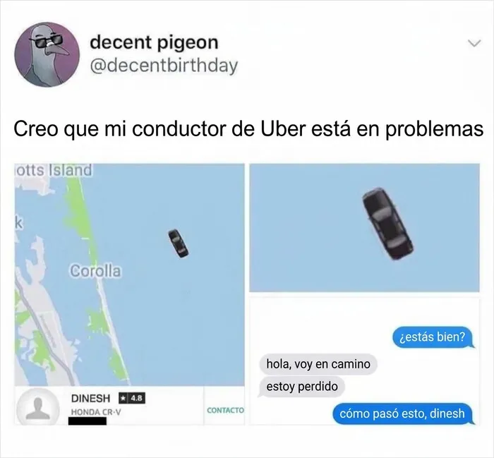 Captura de un mapa con un coche de Uber en el agua, de publicaciones divertidas para ayudarte a relajarte