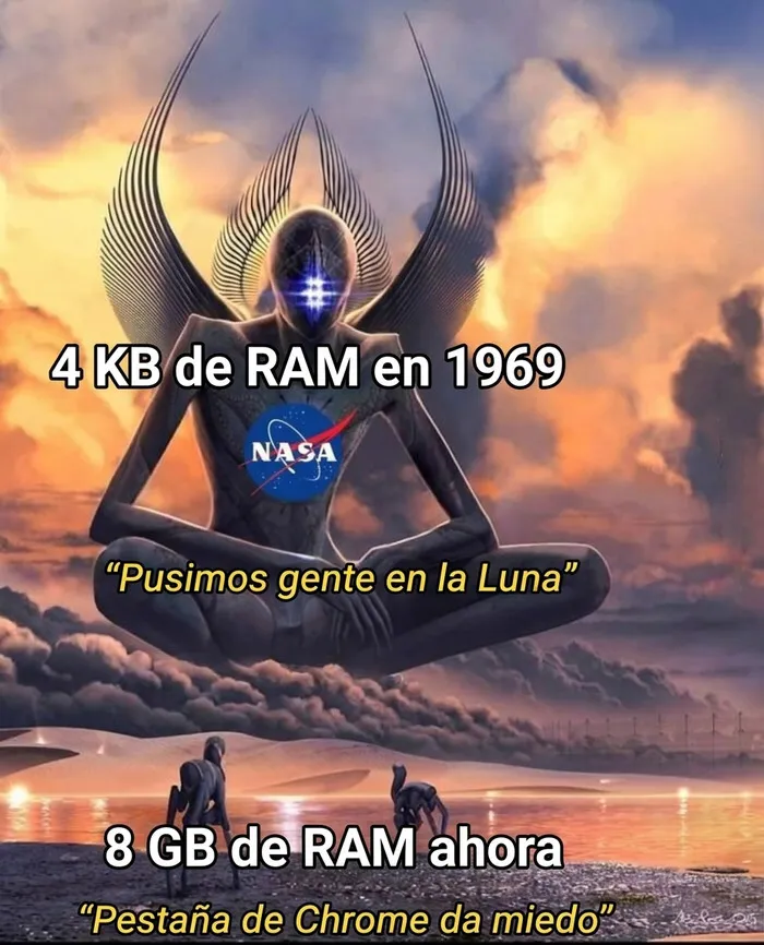 Meme sobre la RAM de la NASA frente a Google Chrome, ideal como publicaciones divertidas para ayudarte a relajarte