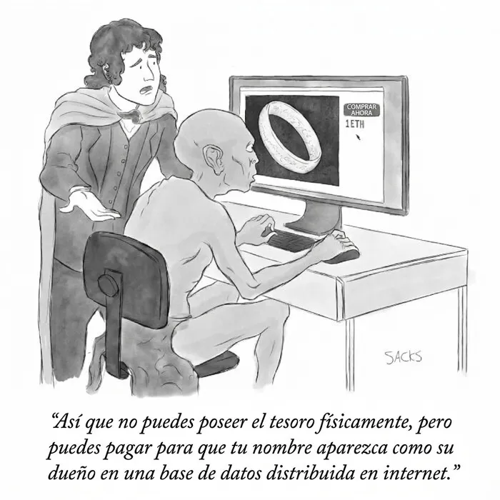 Ilustración de Gollum comprando un anillo NFT, ideal como publicaciones divertidas para ayudarte a relajarte