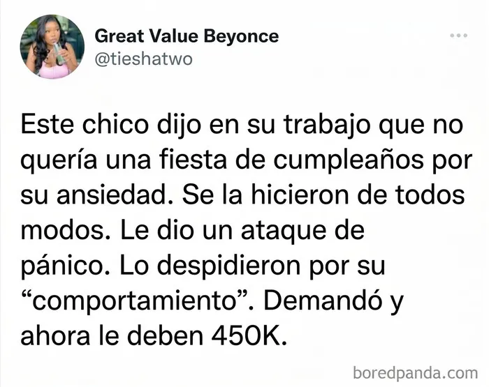 Tuit que narra la demanda ganada por un empleado despedido injustamente por jefes sin empatía.