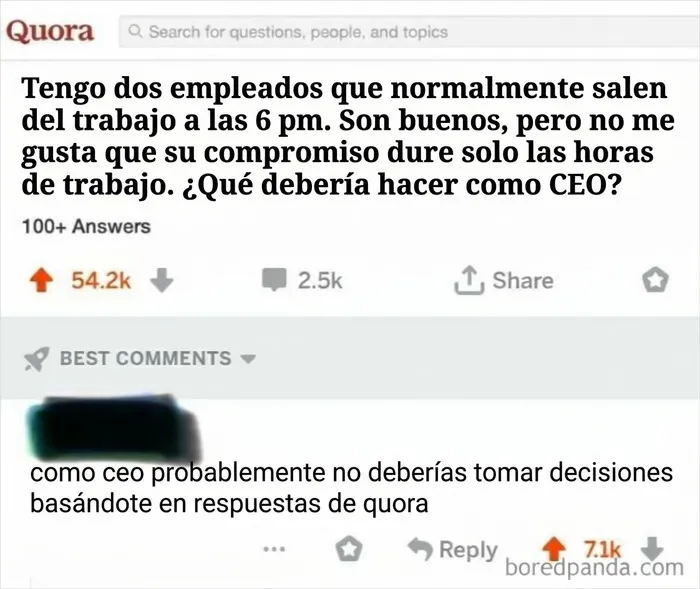 Captura de Quora con un comentario irónico sobre malos jefes y la exigencia de compromiso excesivo