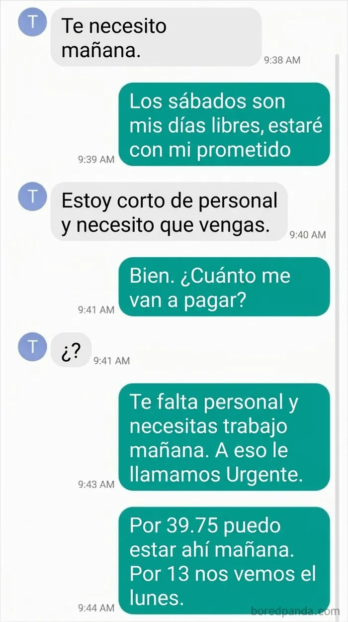 Conversación de chat sobre exigencias de trabajo en días libres con uno de los peores jefes.