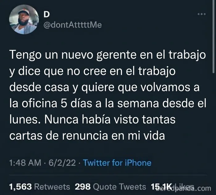 Captura de pantalla de Twitter sobre jefes que imponen el fin del teletrabajo provocando renuncias masivas