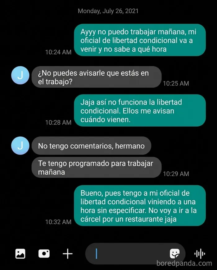 Captura de chat con uno de los peores jefes que obliga a trabajar durante la libertad condicional.