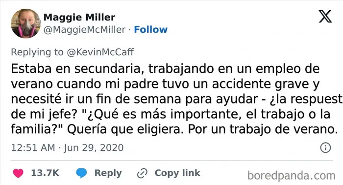 Tuit sobre cómo actúan los peores jefes ante emergencias familiares.