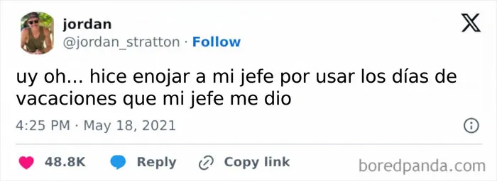 Tuit que ilustra situaciones con los peores jefes sobre usar vacaciones aprobadas.