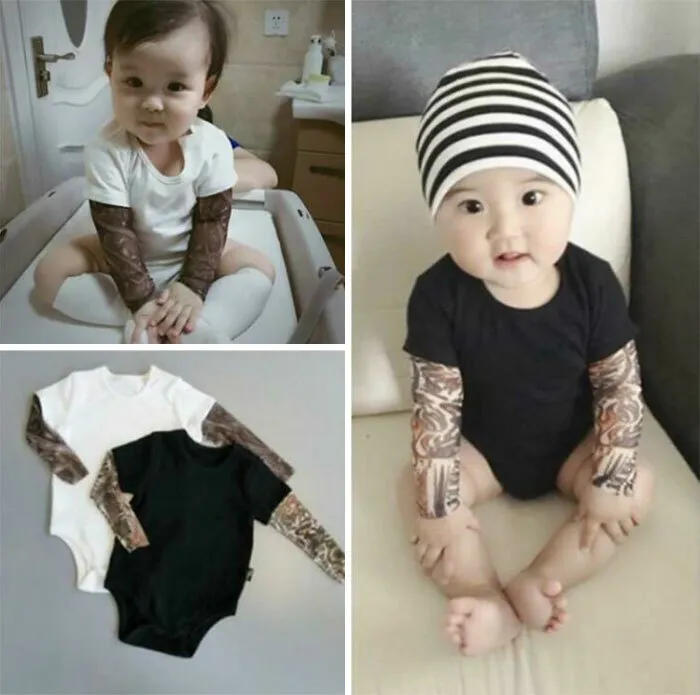 Bebés con camisetas con mangas de tatuajes falsos diseñadas por personas con talento.