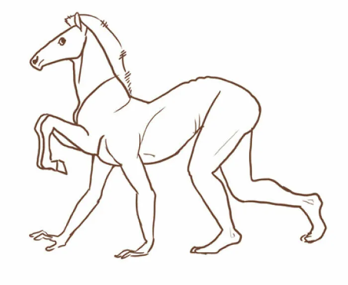 Dibujo de un caballo con piernas humanas, un increíble talento para la ilustración surrealista.