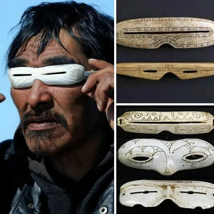 Gafas de sol inuit tradicionales hechas de hueso contra la ceguera de la nieve