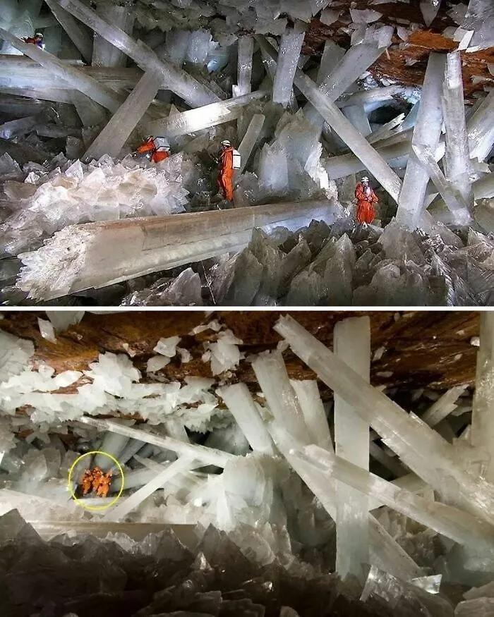 Cosas curiosas como personas explorando la enorme cueva de cristales de Naica