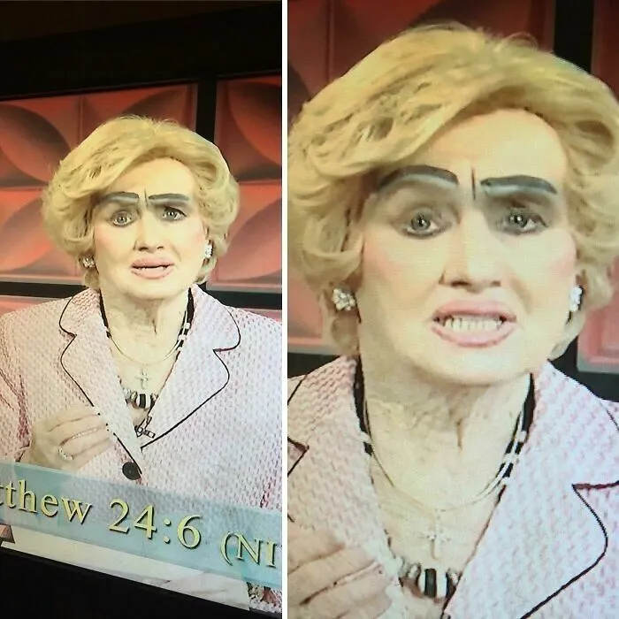 Mujer rubia con cejas exageradamente pintadas y gruesas al salir de un salon de belleza