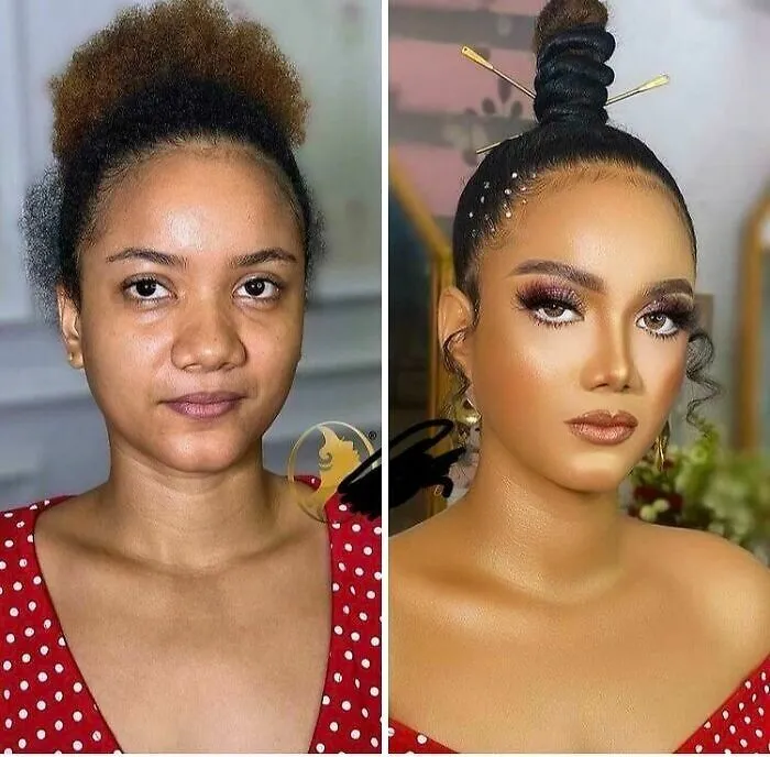 Comparativa de maquillaje exagerado antes y después de ir al salón de belleza.