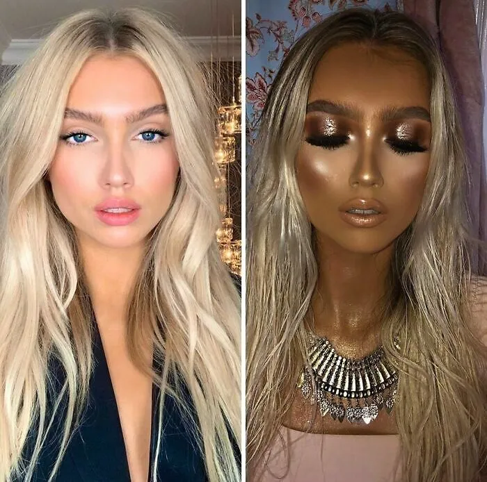 Comparativa de mujer antes y despues de un bronceado extremo y fallido de salon de belleza