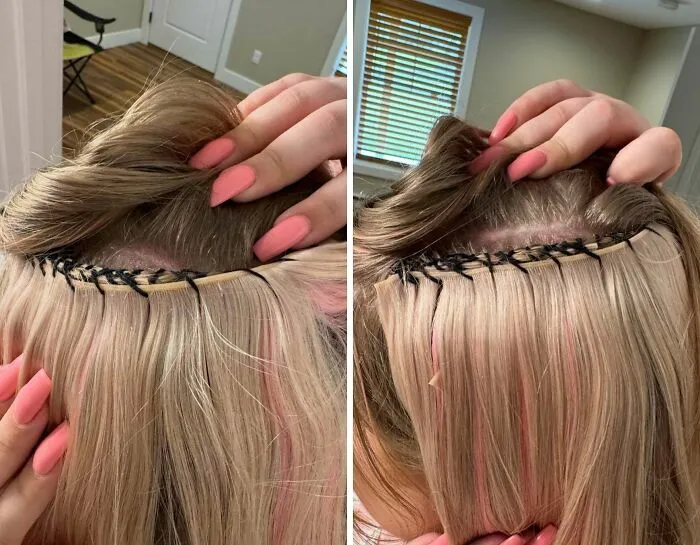 Extensiones de cabello mal aplicadas en un salon de belleza