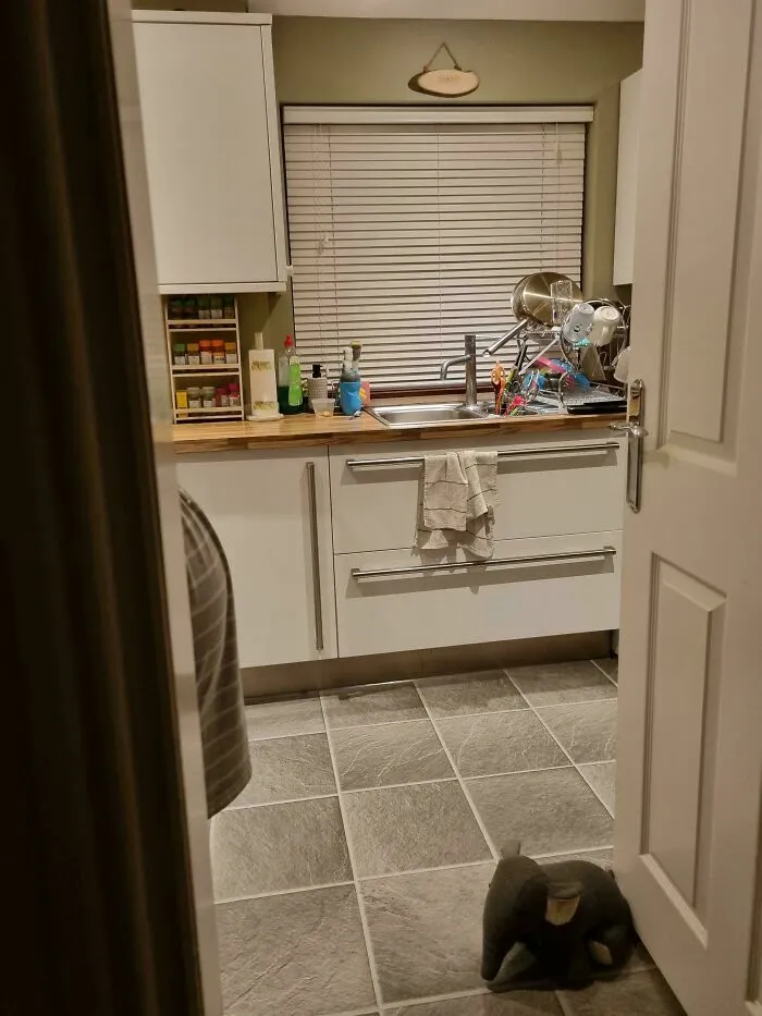 Elefante de peluche de tope de puerta en cocina limpia, uno de esos errores tontos cotidianos.