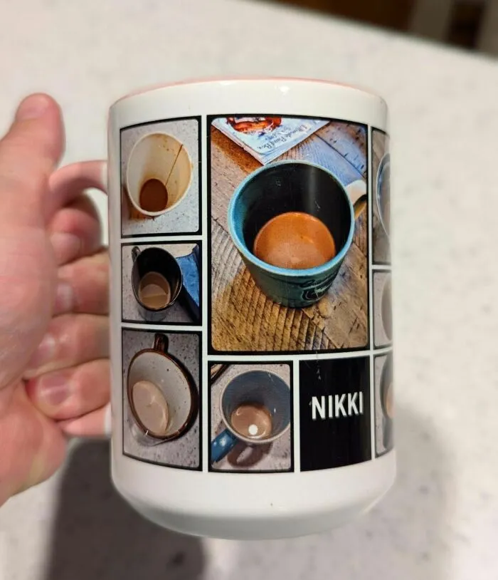 Taza personalizada con fotos de cafés sin terminar de novias y esposas que cometen errores tontos