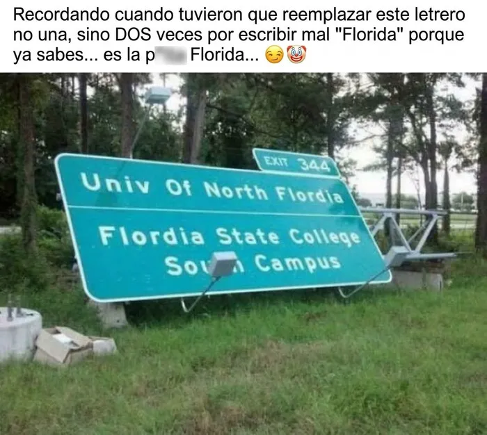 Meme sobre letrero de carretera con error ortográfico en Florida