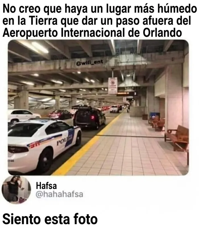 Imagen de un auto de policía en el aeropuerto de Orlando en un meme sobre la humedad de Florida