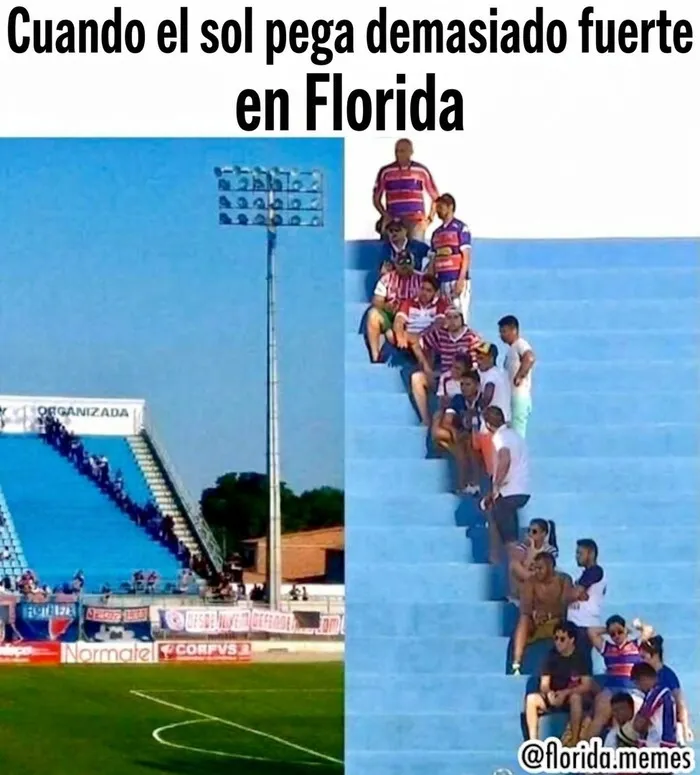 Meme de aficionados al fútbol refugiándose en la sombra por el calor extremo de Florida
